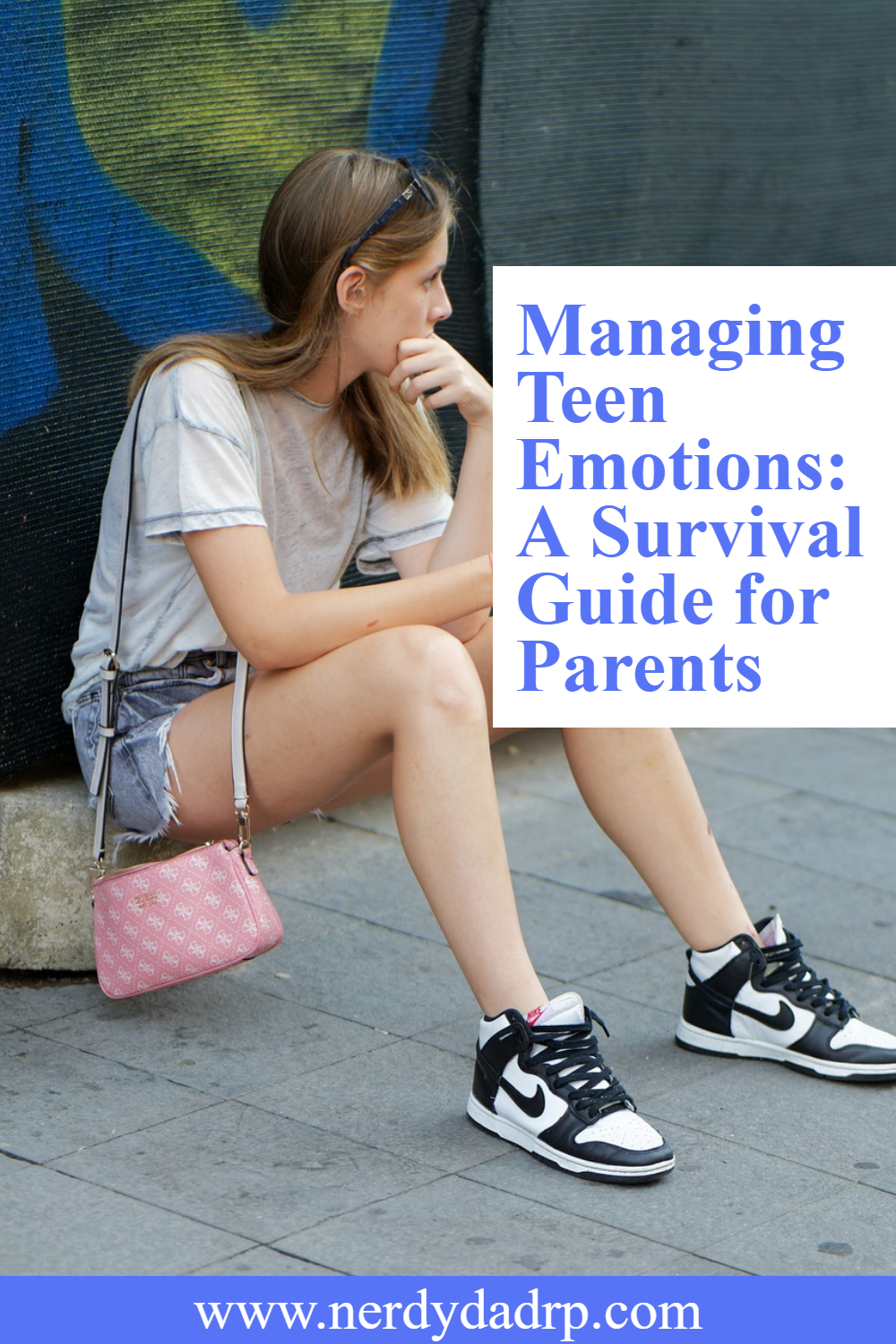 a female teenager sitting on a curb holding cell phone looking away and bitting finger with text that says Managing Teen Emotions: A Survival Guide for Parents