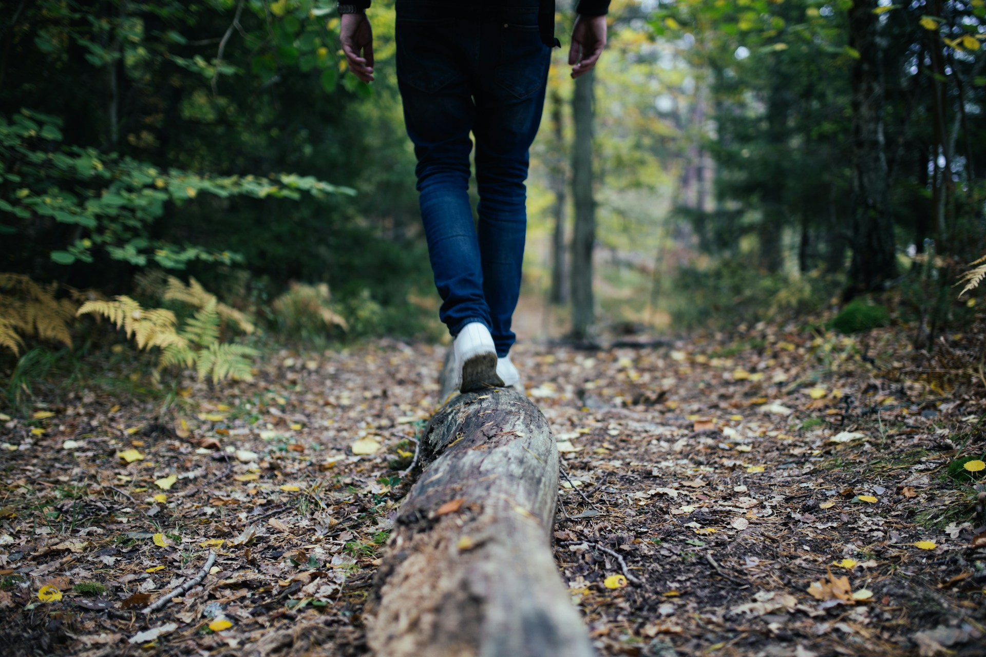 Man hiking through the woods on a log, representing unplugging and reconnecting with nature.